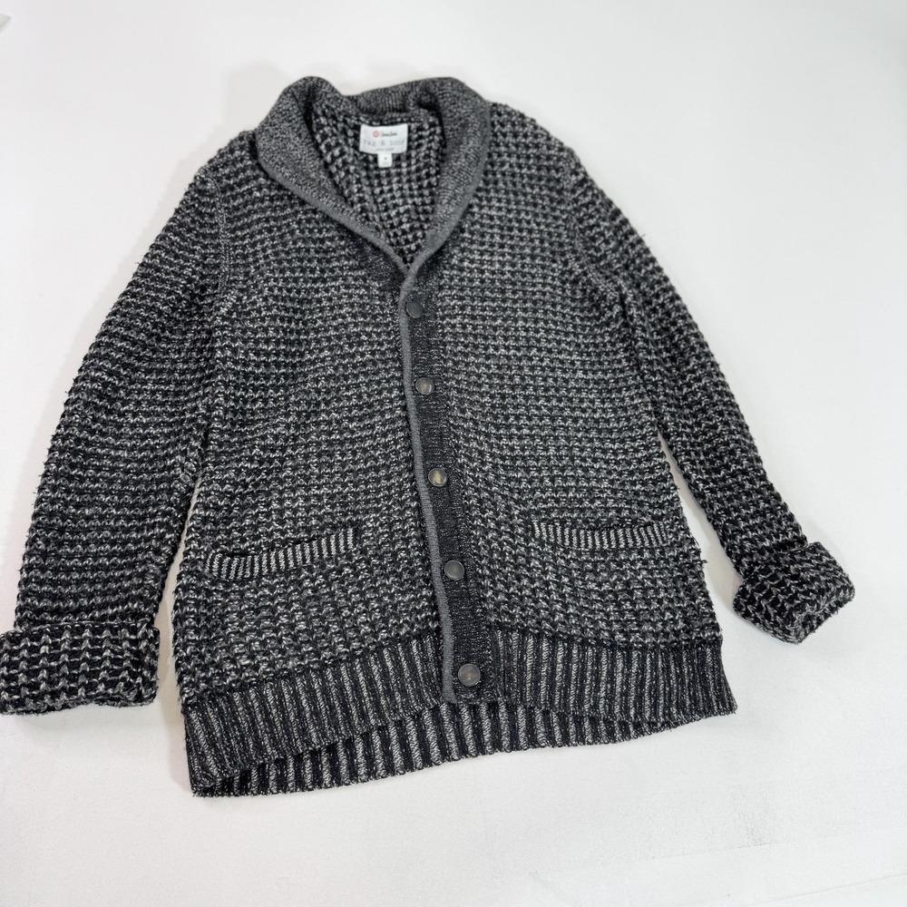 rag & bone Cardigan Sweater Mens Medium Gray Black Shawl Collar Snap Front Wool